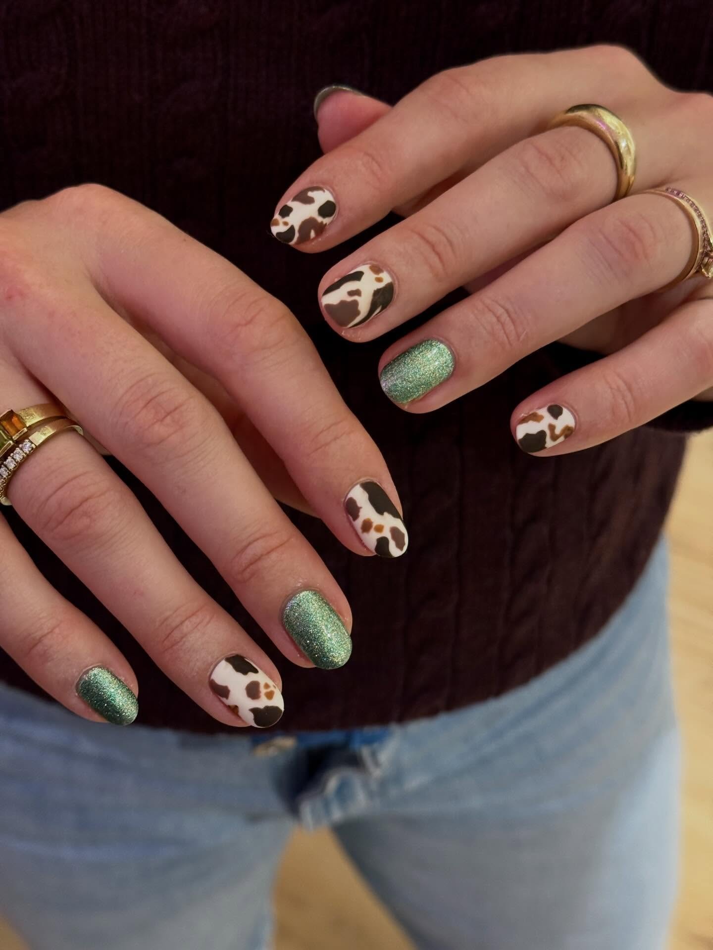 Green sparkle & cow print
